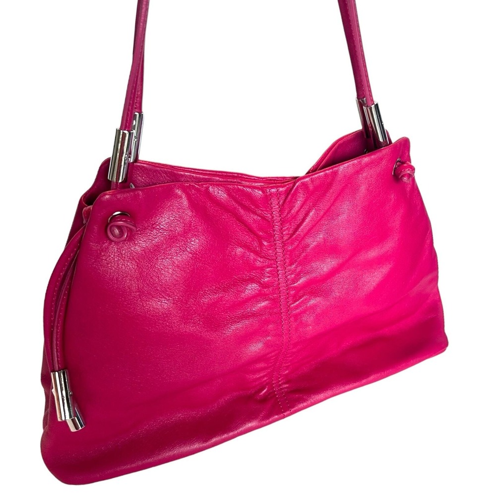 Etienne Aigner Shoulder Bag Medium Hot Pink Leather Ruched Silver Tone Hardware - Picture 3 of 8
